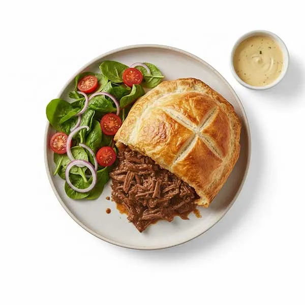 Country-Style Beef & Mushroom Puff with House Greens & Dijon Dip